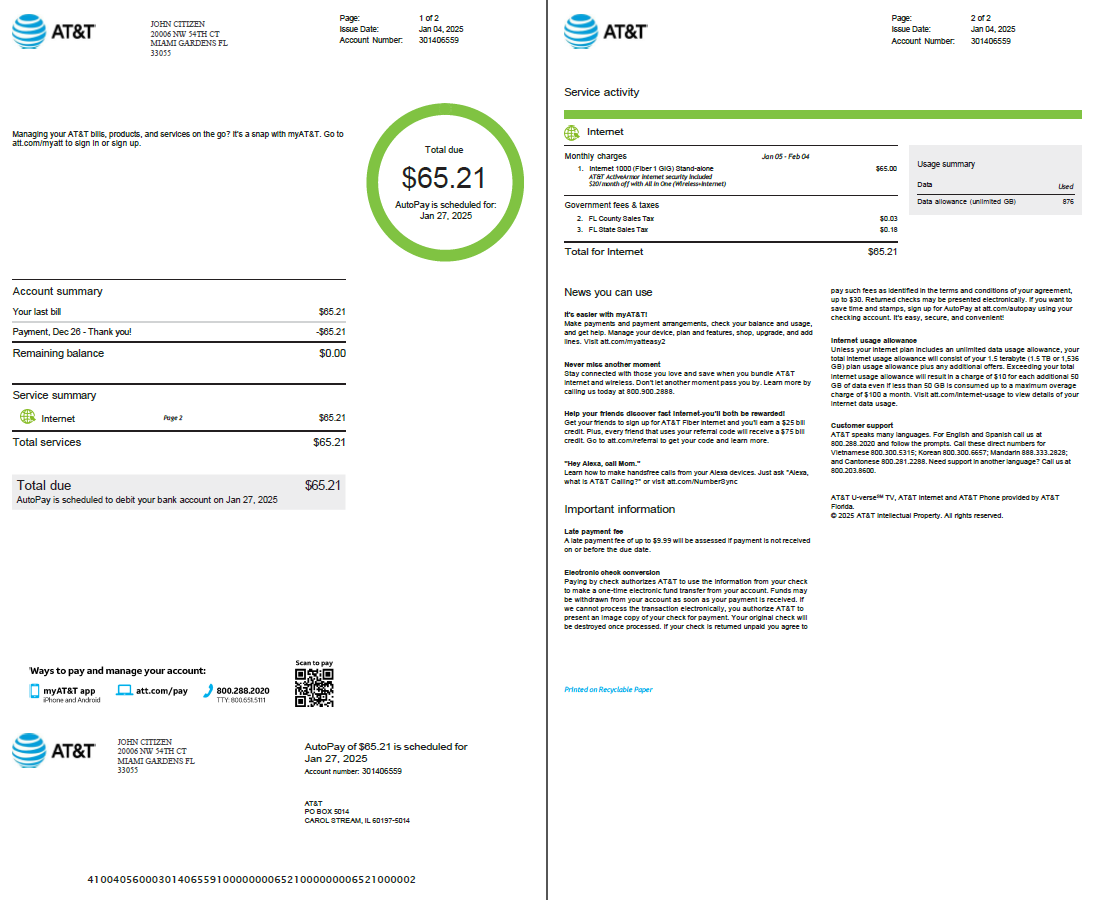 USA AT&T utility bill template in Word and PDF formats, 2 pages, version 2